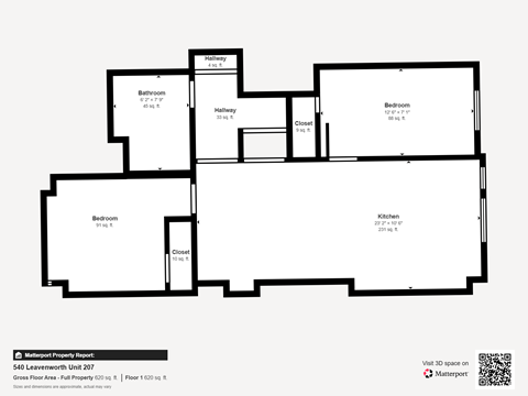 Floor plan for 2 beds, 1 bath, 560 sqft